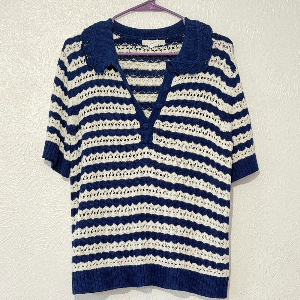 Design History Navy and Cream Crochet V-Neck Sweater